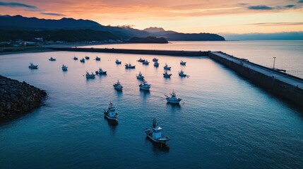 Fototapeta premium A serene harbor at sunset with fishing boats anchored in calm waters.