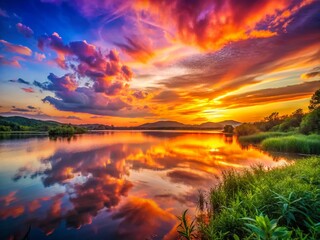 Breathtaking Sunset at the Horizon Over Serene Waters with Vibrant Colors and High Depth of Field Capturing Nature's Beauty and Tranquility in a Stunning Landscape Scene