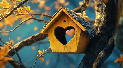 Charming yellow birdhouse adorned with a heart-shaped entrance, suspended amidst the branches of a tree. Blank space available for customization.