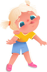 Cute little girl grimacing facial expression, naughty ad mischief child. Kids characters emotions and behaviour cartoon, children playing. Vector illustration, character design for kids.