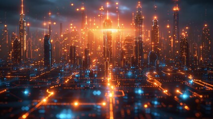 Fototapeta premium Futuristic Cityscape with Glowing Skyscrapers and Vibrant Light Effects at Dusk in a High-Tech Environment
