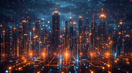 Fototapeta premium Futuristic Cityscape at Night with Glowing Lights and Advanced Technology Elements Representing Innovation and Urban Development in a Digital World