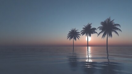 Three Palm Trees Silhouetted Against a Sunset Over Calm Water