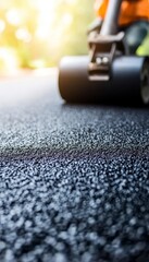 Road Roller Compacting Freshly Laid Asphalt on a Construction Site, Creating a Smooth Surface.