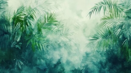 A serene watercolor depiction of lush green foliage and misty atmosphere.