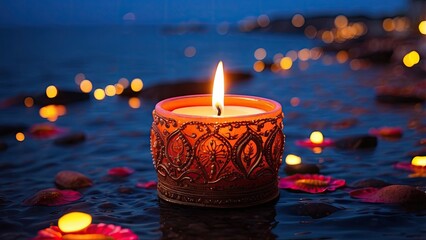 Diwali candle burning in the sea, crafted with
