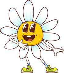 Groovy daisy chamomile flower character. Isolated cartoon vector blossom with white petals and yellow center. Summer garden bloom hippie personage with smiling face evoking retro spirit of 60s and 70s