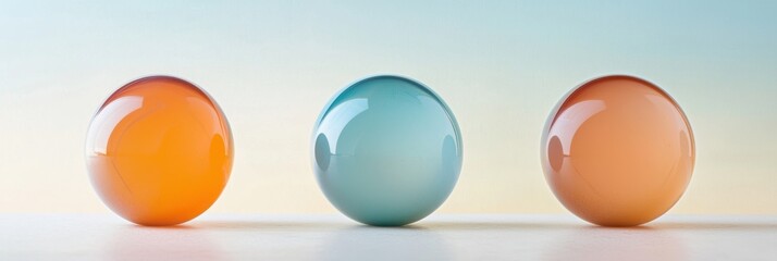 Three marbles of different colors are placed on a white surface