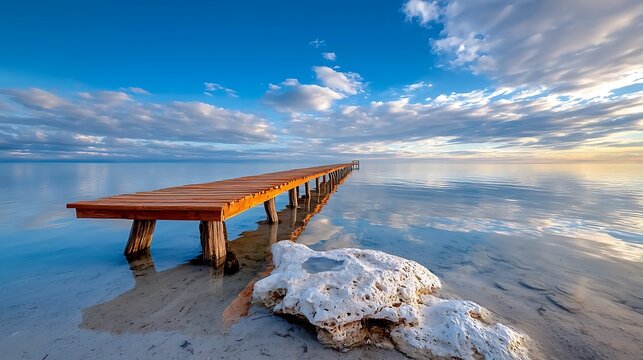 The long wooden pier extends gracefully into the serene, glassy waters, creating a stunning visual contrast against the backdrop of the tranquil scenery.