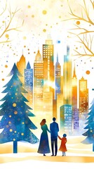 Obraz premium Family Winter Cityscape Watercolor