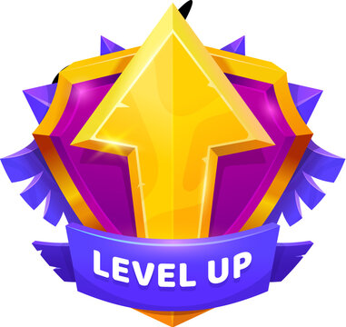 Level up award or prize win badge game asset. Game task complete interface vector asset, arcade success prize or level up celebration UI sign. Gambling achievement icon with golden shield and arrow