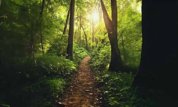 A serene forest path illuminated by sunlight, inviting exploration and tranquility.