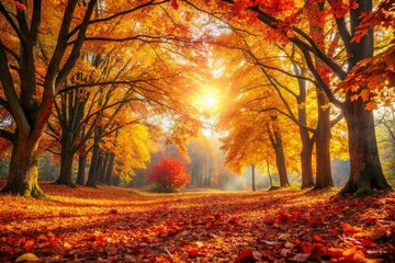 Obraz premium Captivating Autumn Scene with Colorful Fallen Leaves and Majestic Trees in a Serene Natural Landscape, Perfect for Seasonal Themes and Nature Lovers' Inspiration
