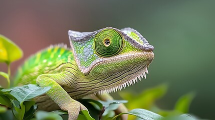 Obraz premium The green chameleon is a magnificent creature, displaying intricate patterns and shades of emerald and lime as it blends seamlessly into its lush jungle surroundings