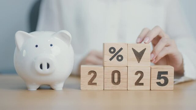 2025 New year with percentage change to UP and Down arrow with piggy. Interest rate, GDP, stocks market, financial, deflation and Inflation, mortgage, debt, Loan and Economic Recession
