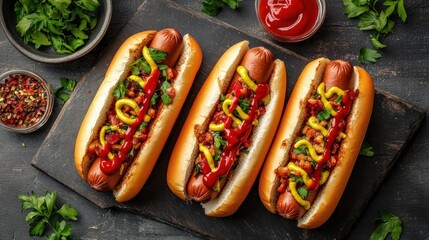 Three delicious hot dogs topped with mustard, ketchup, and diced vegetables on a wooden board.