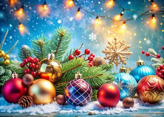 Captivating Christmas Decorations Against a Serene Blue Background, Showcasing Ornaments, Lights, and Holiday Cheer for a Festive Atmosphere