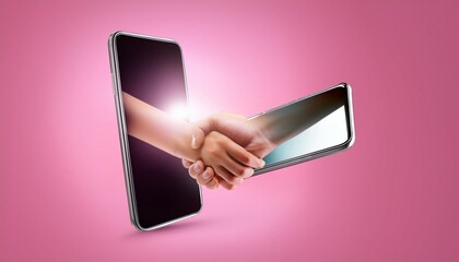 Two hands shaking extending from smartphones on pink background. Concept of virtual agreement or business deal