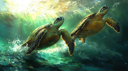 Obraz premium Two sea turtles swim gracefully in the vibrant ocean, showcasing marine beauty.