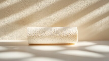 Close-up shot of the top of a paper towel roll on a table, detailed texture, subtle lighting in a minimalist, bright indoor space
