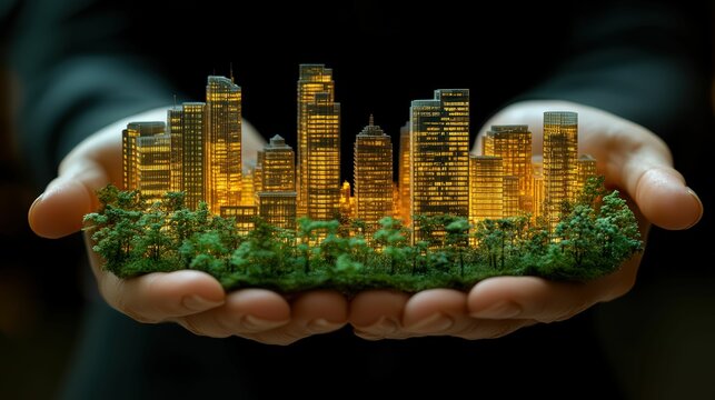 Hands Holding Miniature Cityscape with Illuminated Skyscrapers and Greenery Depicting Urban Development and Sustainability Concept in Creative Vision