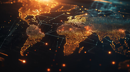 Futuristic Digital World Map with Glowing Network Connections