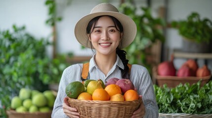 Obraz premium A female farmer stands arranging fruits in a basket on a white background, wearing work clothes and a hat, looking happy and satisfied with her work