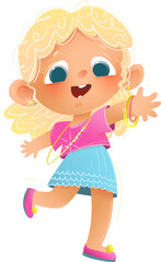Cute little girl dancing disco, playful happy smiling child character dance move. Kids characters emotions and behaviour cartoon, children playing. Vector illustration, character design for kids.