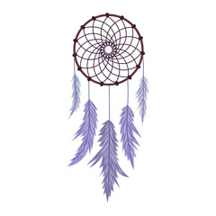 Mystical boho dreamcatcher with purple feathers on white background. Cute vector illustration in style of mystical atmosphere and sacred energy. For spiritual decor, accessories, postcards.