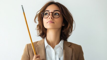Female architect standing holding measuring tools and looking at plans on a white background, wearing a blazer and glasses, serious and detail-oriented expression