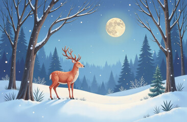 Winter landscape with deer in night snowy forest. Christmas Holiday greeting card. Watercolor cartoon illustration