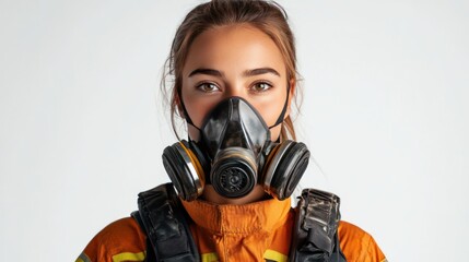 Female firefighter standing holding a smoke mask on a white background, wearing full firefighter uniform Ready and determined face