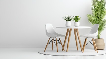 Fototapeta premium A beautiful, white round table with three stylish chairs, evenly spaced, placed in an all-white space, showcasing clean lines and modern design