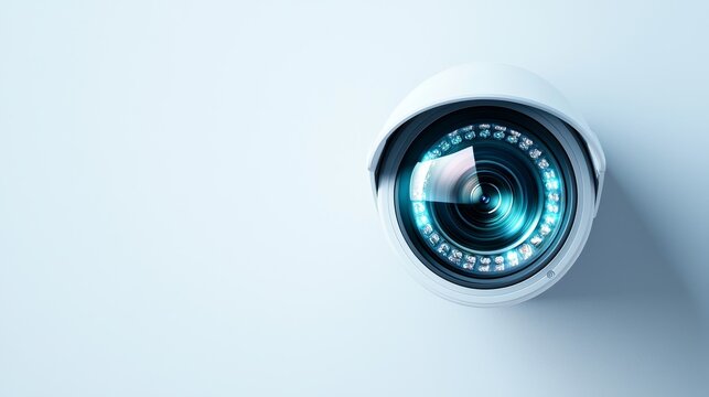 Minimalist closed-circuit camera, sharp focus on lens and body, crisp white background, ideal for product marketing, surveillance camera, advertisement concept