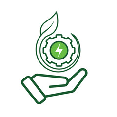 Ecology icon. renewable energy in hand, environmental protection, earth, leaves, recycling, green energy, green icon. mixed design style. energy, resources