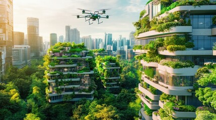 A futuristic cityscape featuring green buildings and a drone amidst lush vegetation.