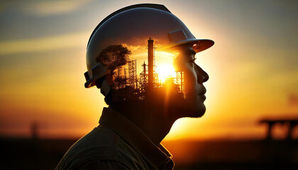Silhouette of a Man Wearing a Hard Hat with an Industrial Plant Inside His Head at Sunset