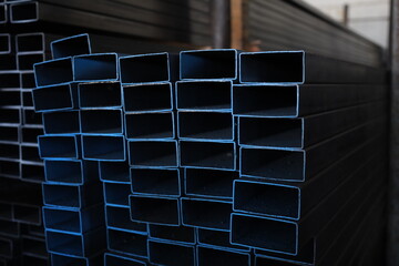 steel pipe product group square pipe Construction steel products such as black steel pipes, image ideas, examples of steel products.metal warehouse industry, delivery to customers.