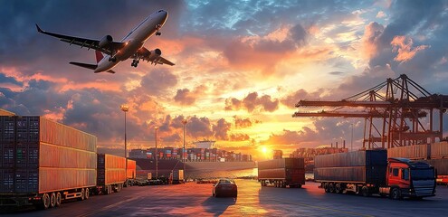 A cargo plane flies over the dock, where trucks and ships filled with containers stand ready for...