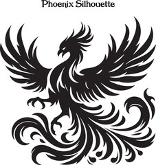 Phoenix Bird Black Silhouette Isolated Vector . 
A powerful phoenix silhouette with wings spread, symbolizing rebirth and strength.
