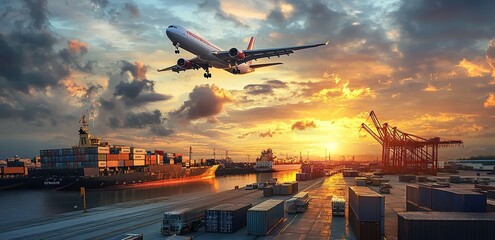 A cargo plane flies over the dock, where trucks and ships filled with containers stand ready for...