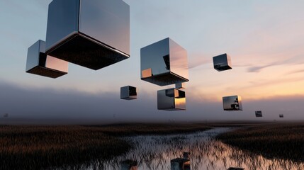 Minimalist 3D rendering of floating cubes in a quiet misty field