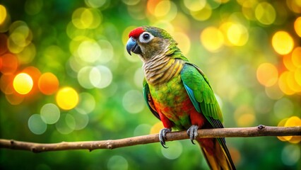 Obraz premium Captivating Green Cheeked Conure Parrot Perched on a Branch, Showcasing Vibrant Feathers Against a Lush Green Background with a Beautiful Bokeh Effect and Natural Lighting
