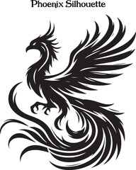 Phoenix Bird Black Silhouette Isolated Vector . 
A powerful phoenix silhouette with wings spread, symbolizing rebirth and strength.
