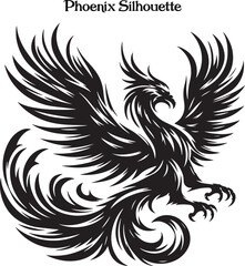 Phoenix Bird Black Silhouette Isolated Vector . 
A powerful phoenix silhouette with wings spread, symbolizing rebirth and strength.