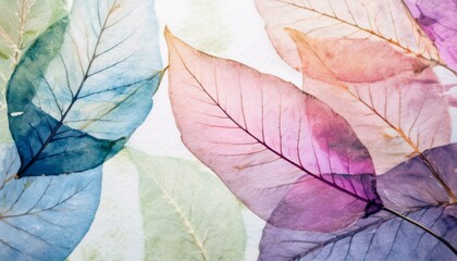 Delicate Transparent Leaf Background with Watercolor Leaves in Blue, Violet, and Pink - Abstract Nature-Inspired Design for Wallpaper and Decorative Art