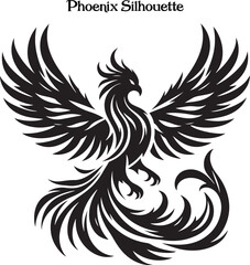 Phoenix Bird Black Silhouette Isolated Vector . 
A powerful phoenix silhouette with wings spread, symbolizing rebirth and strength.