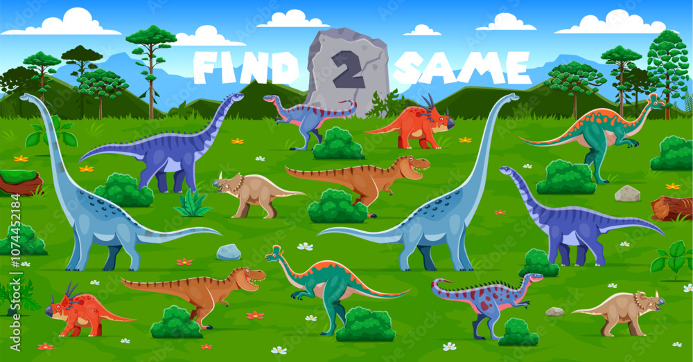 Poster find two same prehistoric dinosaurs in a lush natural landscape. vector puzzle game, riddle, challen
