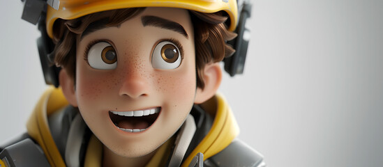 Fototapeta premium An animated character, a young boy with brown hair and expressive eyes, is smiling widely while wearing a yellow helmet and grey hoodie, conveying a sense of excitement and curiosity - Generative AI