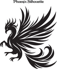 Phoenix Bird Black Silhouette Isolated Vector . 
A powerful phoenix silhouette with wings spread, symbolizing rebirth and strength.